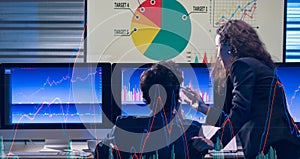 Closeup shot of big center monitor showing company analysis target circle graph and chart report in trading room full of computer