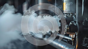 A closeup shot of a biofuel trams engine featuring a prominent biofuel only label. The engine emits white smoke