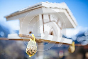 Closeup shot of a birdseed in a small yellow bag hanged at the edge of a birdhouse