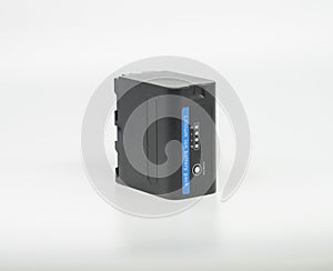 Closeup shot of a black lithium battery pack on a white background