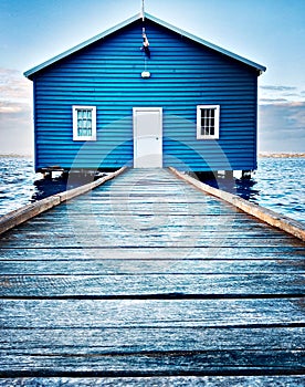 Closeup shot of a Blue Boat House located on the Swan River at Crawley in Perth, Western Australia
