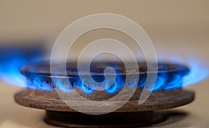 Closeup shot of blue fire from domestic kitchen stove. Gas cooker with burning flames propane gas