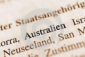 Closeup shot from the book of the word ' Australien'