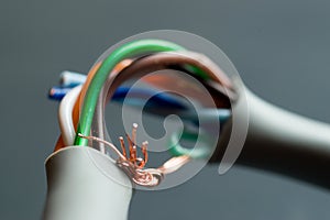 Closeup shot of a broken UTP ethernet cable