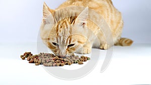 Closeup shot of the brown cat eating cat food on a white background