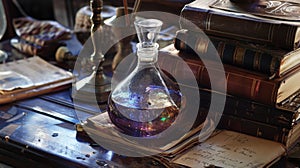 A closeup shot of a bubbling potion in a glass flask its iridescent hues reflecting off a nearby polished silver s