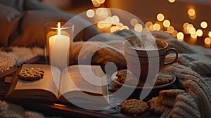 A closeup shot of a candlelit tray with a book propped open a mug of steaming tea and a plate of homemade cookies photo