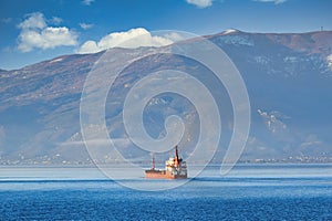 Closeup shot of a cargo ship traveling to the Aegean Sea to the port of Volos