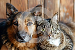 Closeup Shot Of A Cheerful Dog And Cat Posing Together, Radiating Companionship