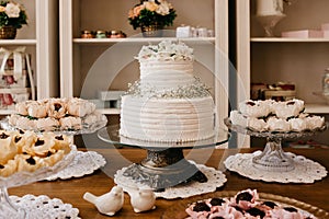 Closeup shot of chocolate candies with nuts in decorative flower buds and delicious white cake