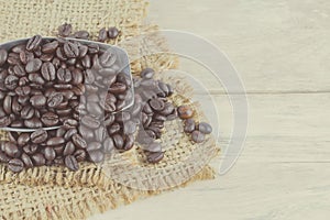 Closeup shot of coffee beans with a scooper on a burlap sack