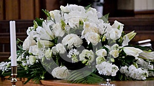 Closeup shot of a colorful casket in a hearse or chapel before funeral or burial at cemetery