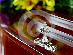 Closeup shot of a colorful casket in a hearse or chapel before funeral or burial at cemetery
