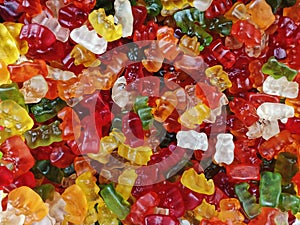 Closeup shot of colorful gummy bears in a pile