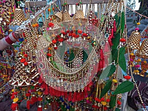 closeup shot of colorful handmade jhalar used for decoration in Deepawali festival