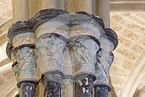 Closeup shot of the column capitals of an ancient monastery of Piedra in Nuevalos, Zaragoza, Spain