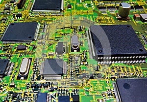 Closeup shot of computer memory chip with four processors