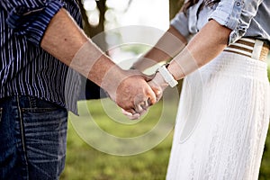 Closeup shot of a couple holding hands with a blurred background