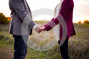 Closeup shot of a couple holding hands with a blurred natural background