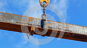 A closeup shot of the cranes hook securely fastened to the steel beam symbolizing progress on the construction site photo