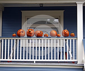 Closeup shot of decorated pumpkins for Halloween in Vancouver, Canad