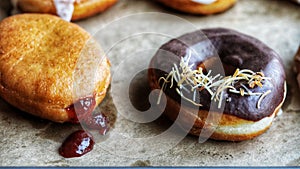 Closeup shot of delicious donuts with chocolate topping