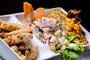 Closeup shot of the delicious Peruvian ceviche dish on a white plate