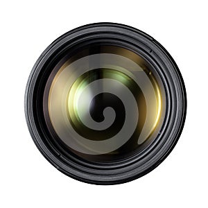 Closeup shot of digital camera lens isolated against a white background