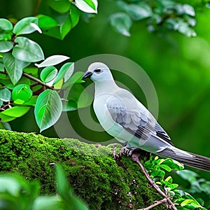 A closeup shot of a dove sitting on a mossy branch Generative AI