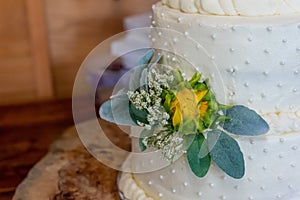 Closeup shot of an elegant wedding cake decorated with natural flowers