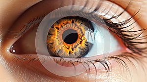 Closeup shot of an epic eye, gorgeous orange, fiery iris of a beautiful woman eye. Generative AI