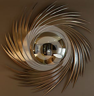 Closeup shot of an extravagant mirror reflecting the inside of a hotel room