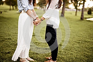 Closeup shot of a female couple standing in a grassy field and holding hands