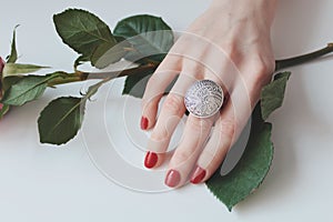 Closeup shot of a female hand with a beautiful silver ring on a rose with green leaves