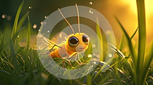 Closeup shot of a firefly on the grass with bokeh.