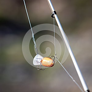 Closeup shot of a fishing rod bait hanging from the line