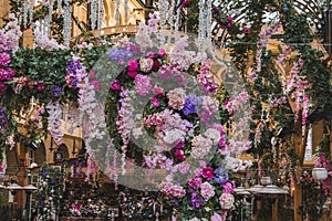 Closeup shot of flower decoration at entrance of Hays Galleria in London