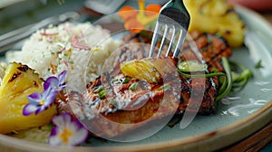 A closeup shot of a food critics fork piercing through a tender piece of islandstyle barbecued pork with a side of photo