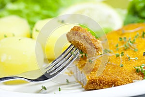 Closeup shot of a fork on a plate with pork escalope and boiled potatoes