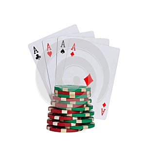 Closeup shot of four aces playing cards and poker chips isolated on white background