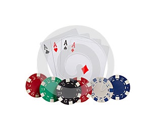 Closeup shot of four aces playing cards and poker chips isolated on white background