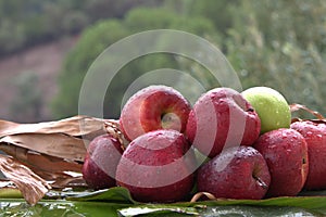 Closeup shot of fresh apples in the rain on a banana leaf