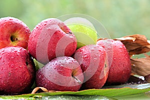 Closeup shot of fresh apples in the rain on a banana leaf