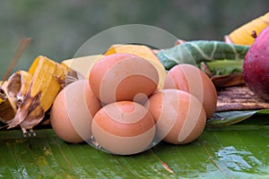 Closeup shot of fresh brown eggs in the rain on a banana leaf