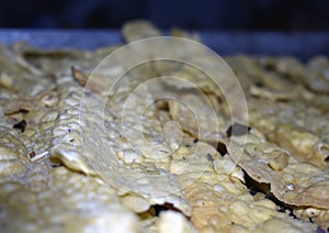 Closeup shot of the freshly baked  Fafda  Gujarati snack