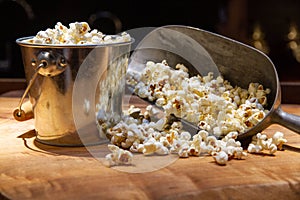 Closeup shot of freshly popped popcorn in a silver bucket near a scooper