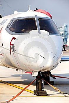 Closeup shot of the front of the Learjet Private Business Airplane parked in Tianjin, China