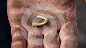 Closeup shot of Gold horn in hand of detectorist
