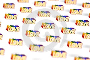 Closeup shot on Golden LOVE word with rainbow outline pattern. June as a month of gay pride and love concept. Isolated on white