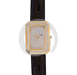 Closeup shot of a golden watch with a black leather band isolated on a white background